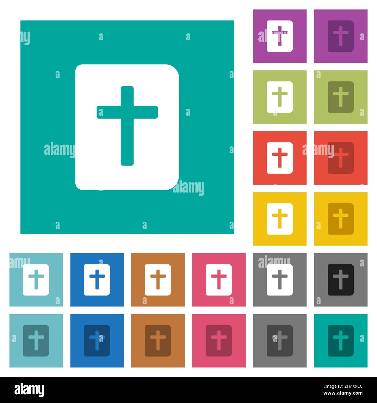 Bibbia Sacra icone piatte multicolore su sfondi quadrati. Incluse variazioni delle icone bianche e più scure per il passaggio del mouse o gli effetti attivi. Illustrazione Vettoriale
