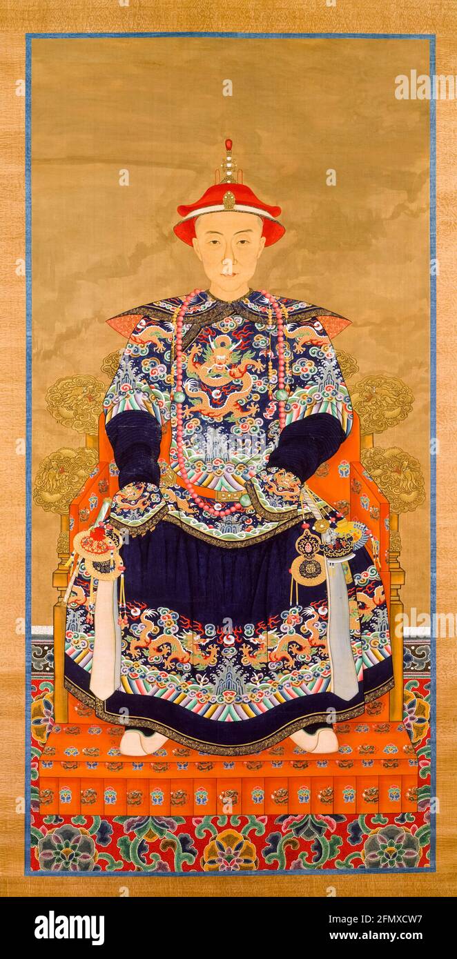 Imperatore cinese, l'imperatore Qianlong (b.1711-d.1799), ritratto in abito da corte come un giovane uomo, scroll sospeso, 1800-1899 Foto Stock