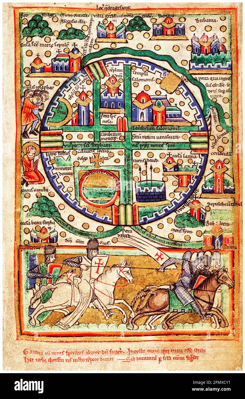 Mappa del XII secolo di Gerusalemme: Crociate dei Cavalieri Templari Foto Stock