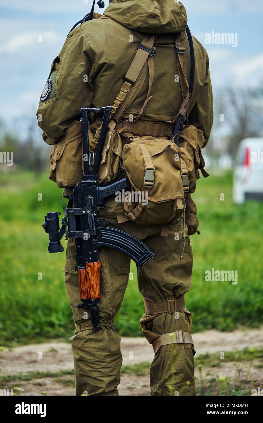 Vista ravvicinata del retro di un lettore Airsoft di Un soldato russo Foto Stock