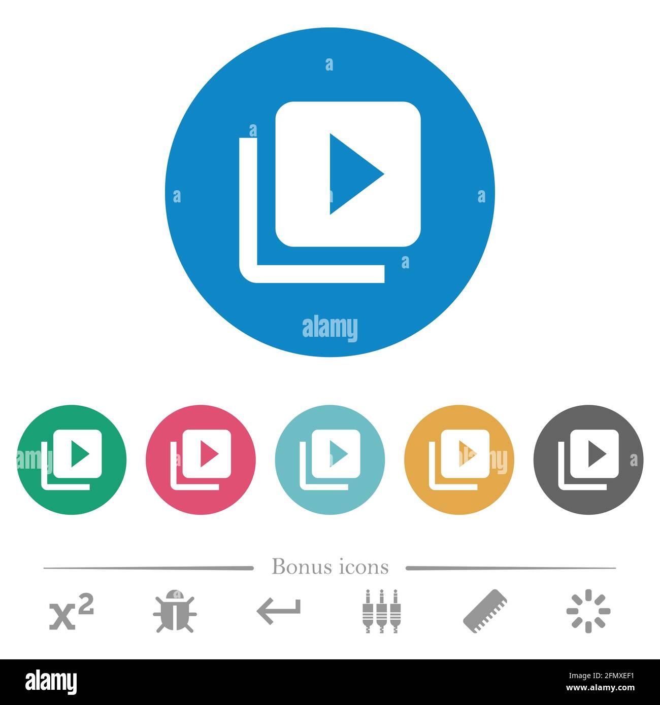 Libreria video icone bianche piatte su sfondi rotondi. 6 icone bonus incluse. Illustrazione Vettoriale