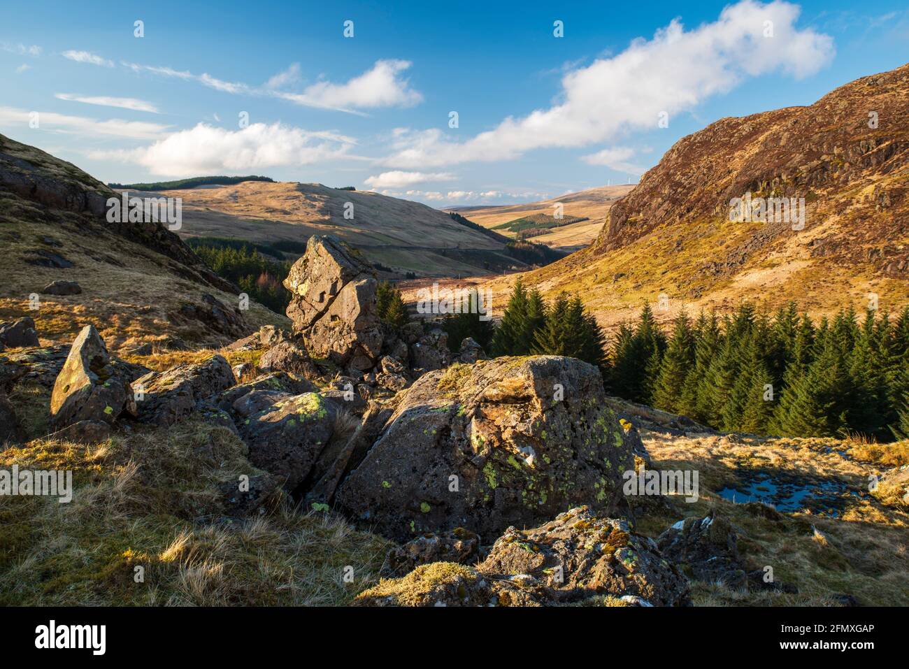La vista da Castle William che guarda lungo l'Afton Glen vicino a New Cumnock, East Ayrshire, Scozia. Foto Stock