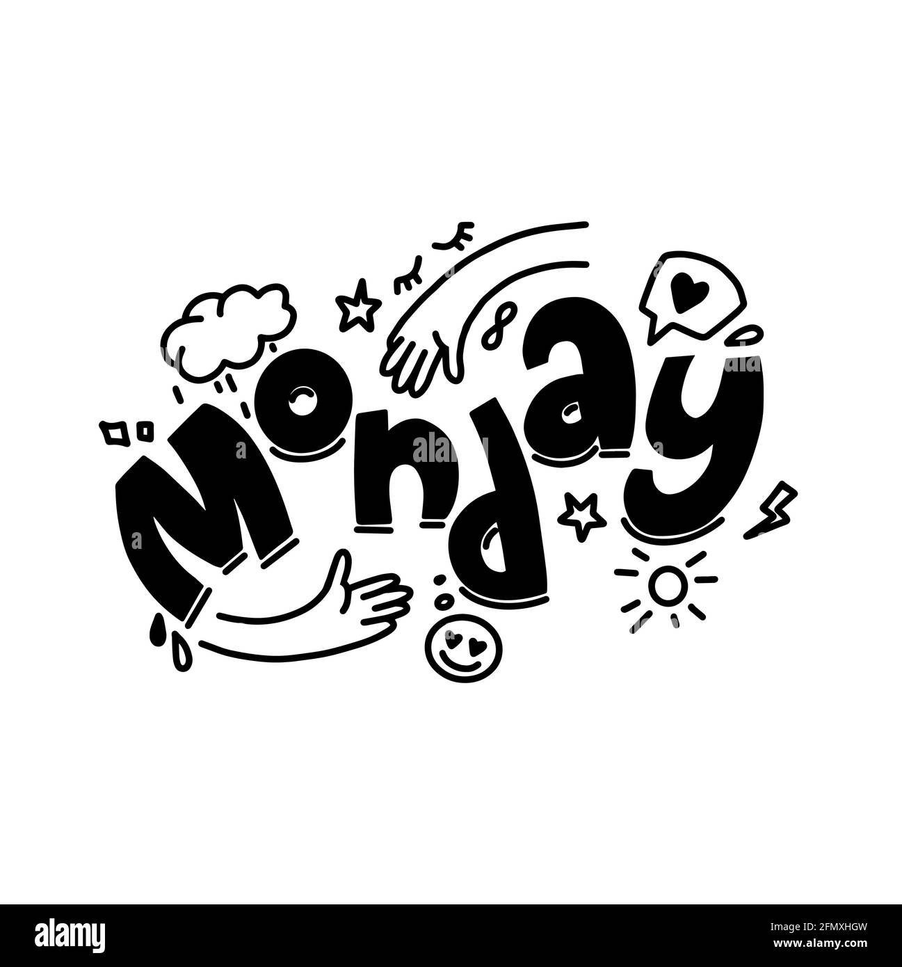 Citazione di ispirazione del doodle di lunedì. Sketch cart su calendario,cafe,promozione,banner, email newsletter, logo.Monday con doodle cute immagine isolata su bianco Illustrazione Vettoriale
