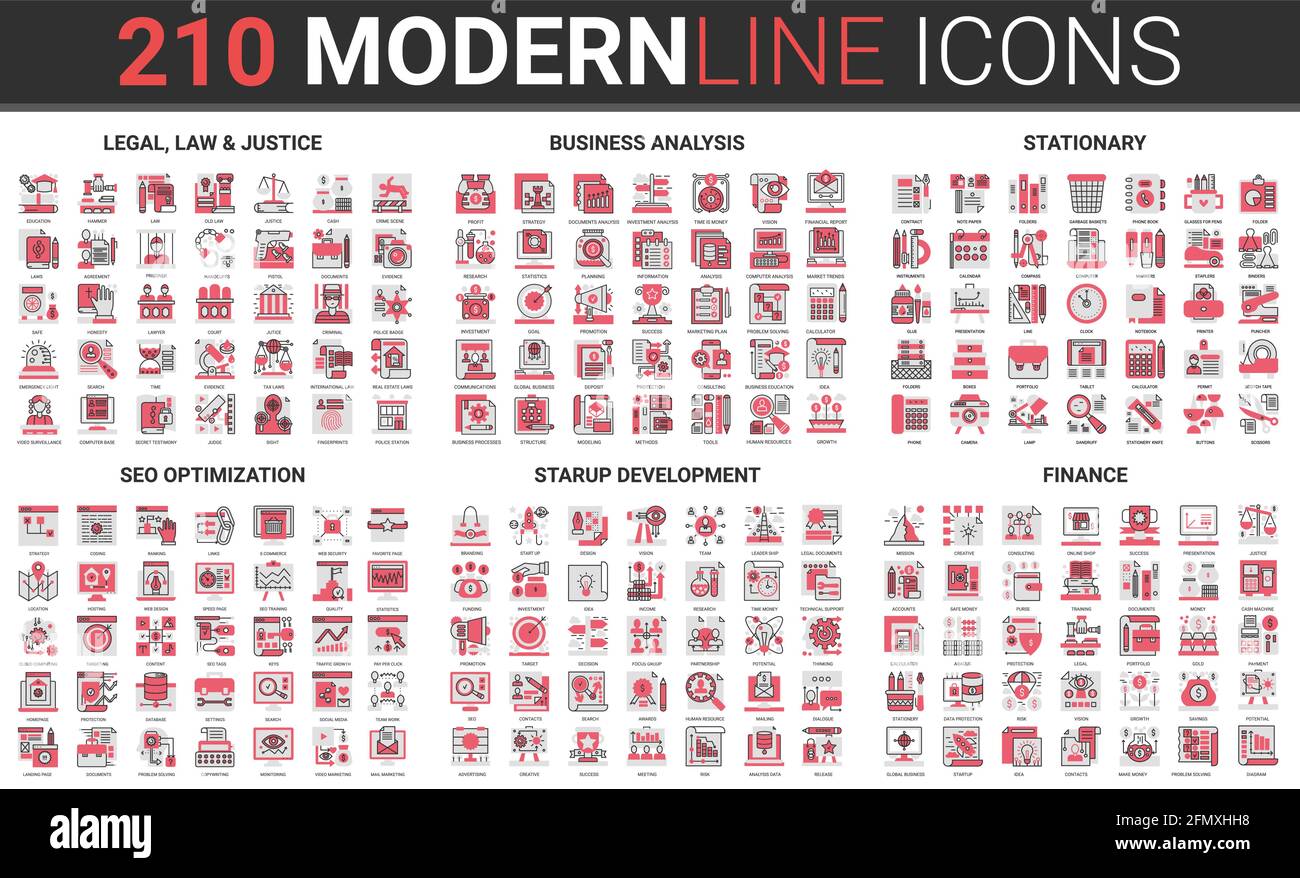 Tecnologia di sviluppo aziendale, avvio finanziario set di illustrazioni vettoriali con icone di linea nera sottile rosso. Simboli di contorno per la giustizia legale, ottimizzazione seo, raccolta di analisi finanziaria Illustrazione Vettoriale