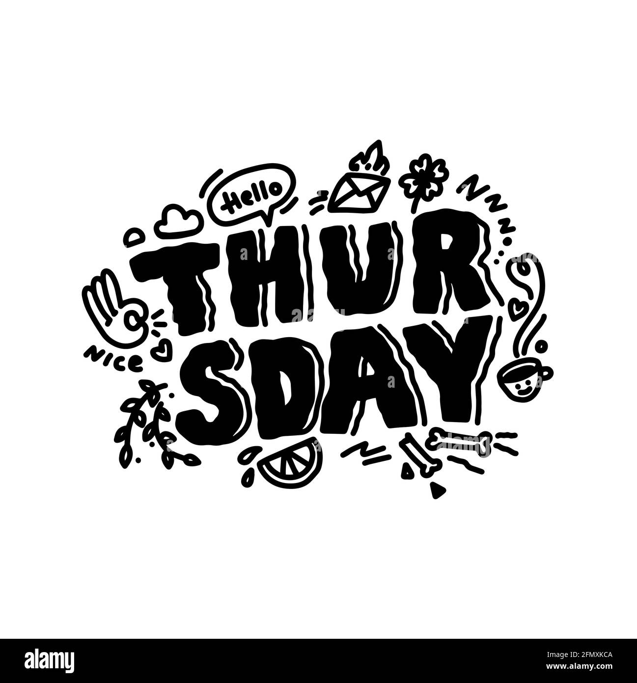 Giovedì doodle citazione di ispirazione. Sketch cart su calendario,cafe,promozione,banner, email newsletter, logo.Thursday con doodle cute immagine isolato su Illustrazione Vettoriale
