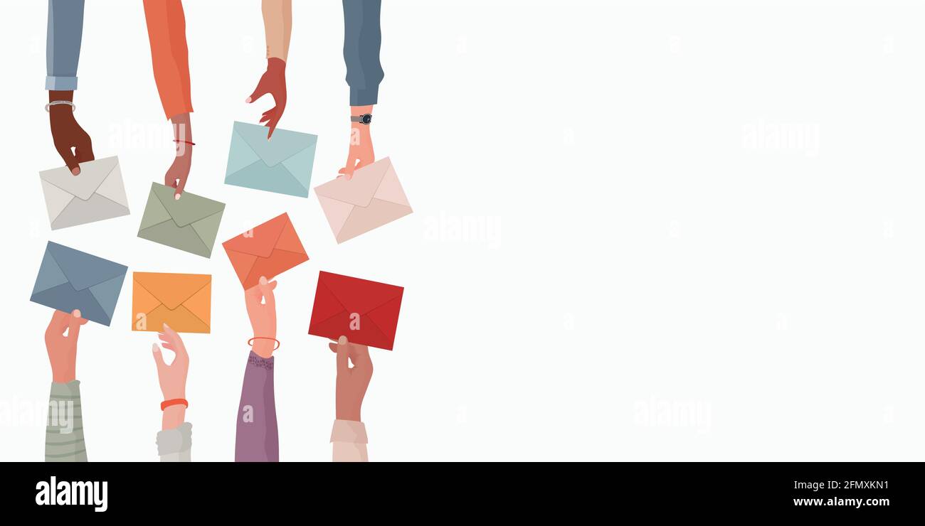 Armi e mano di diverse persone che tengono un e-mail come Un concetto di informazioni di posta elettronica e la condivisione online.Send e. Ricevi messaggi.colleghi Illustrazione Vettoriale