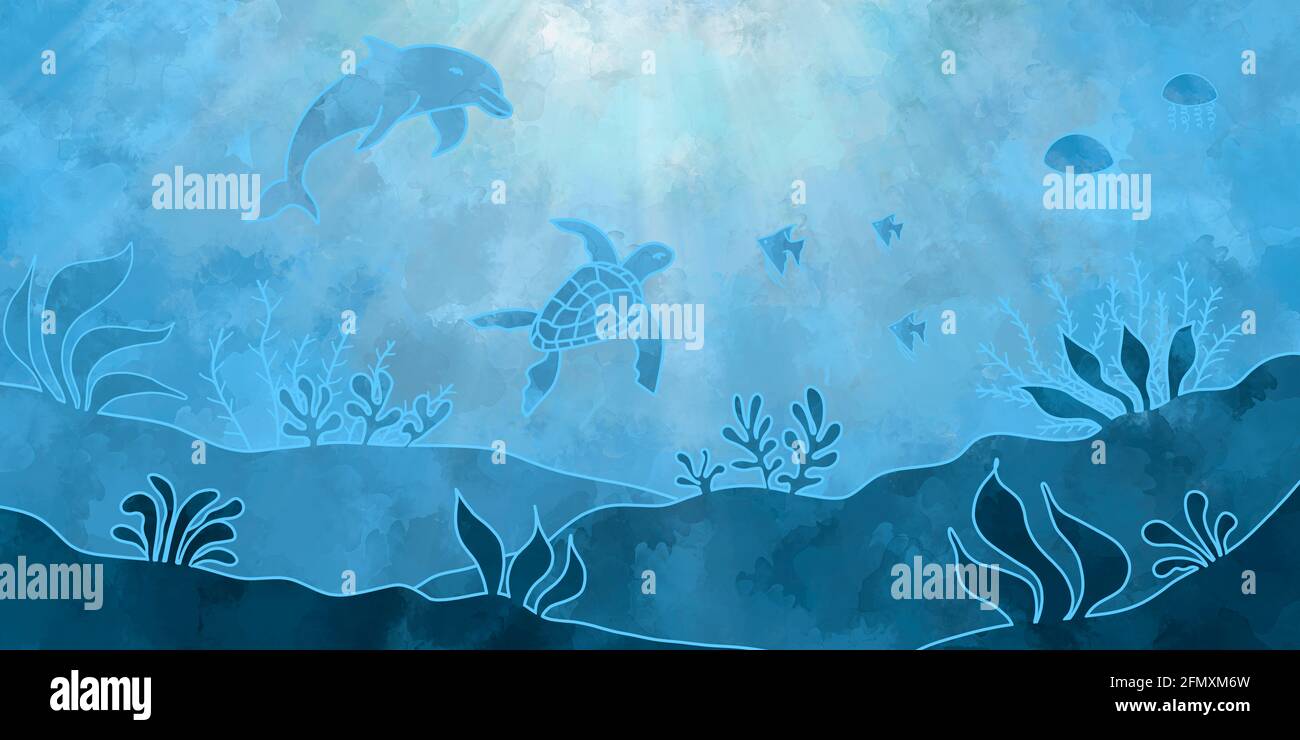 Illustrazione acquerello del mondo sottomarino in blu con un delfino, tartaruga, pesce, meduse. Foto Stock