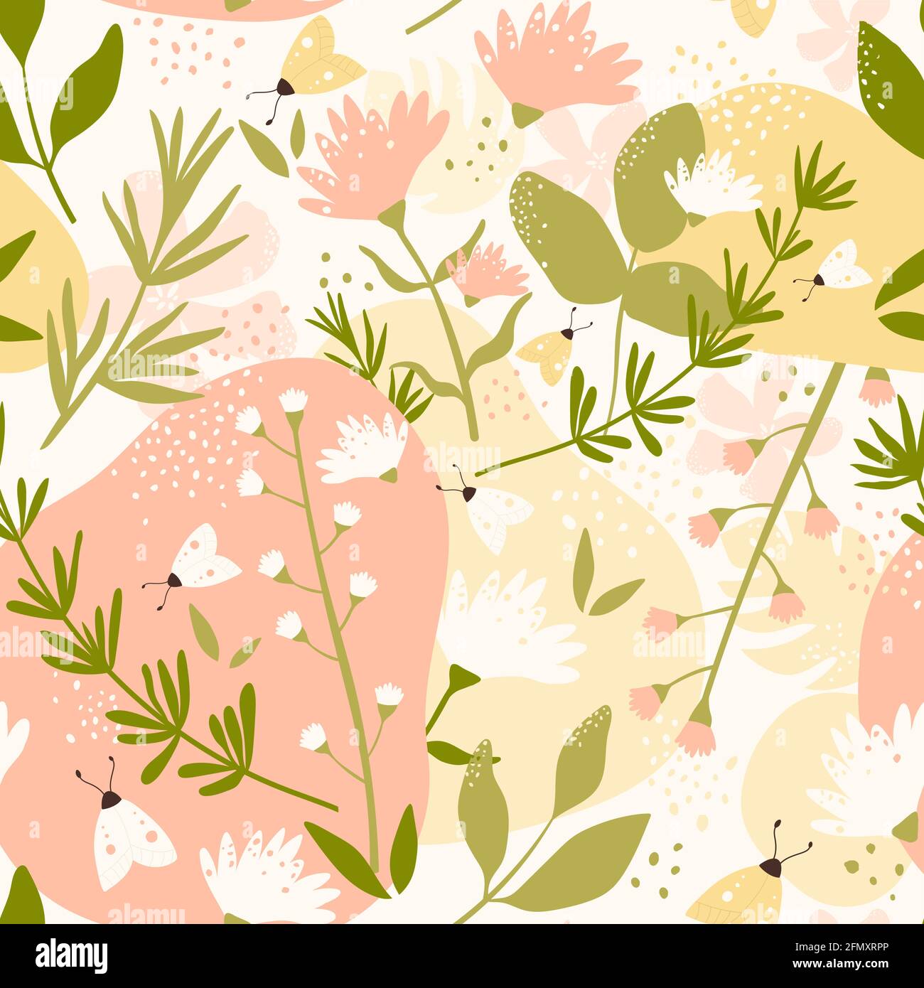 Campo di fiori, illustrazione vettoriale astratta con motivo floreale senza giunture. Decorativo ripetizione erba prato selvaggio, foglia verde, fiore in stile boho per avvolgere carta da parati tessile. Flora art design sfondo Illustrazione Vettoriale