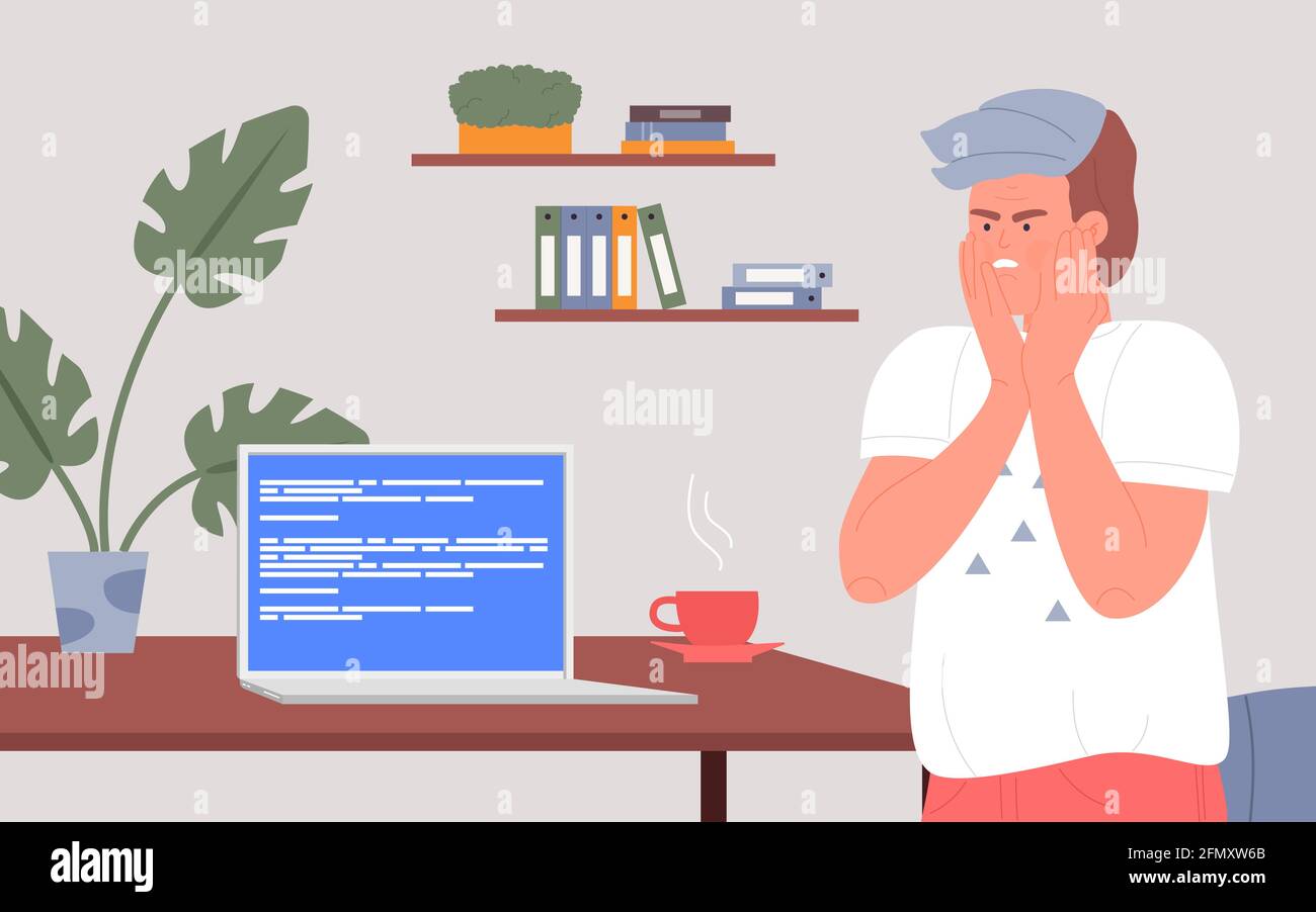Illustrazione vettoriale di Office worker e computer rotto. Cartoon arrabbiato studente personaggio guardando errore blu finestra di avviso di morte sullo schermo del pc, dipendente frustrato ha problemi di software sfondo Illustrazione Vettoriale