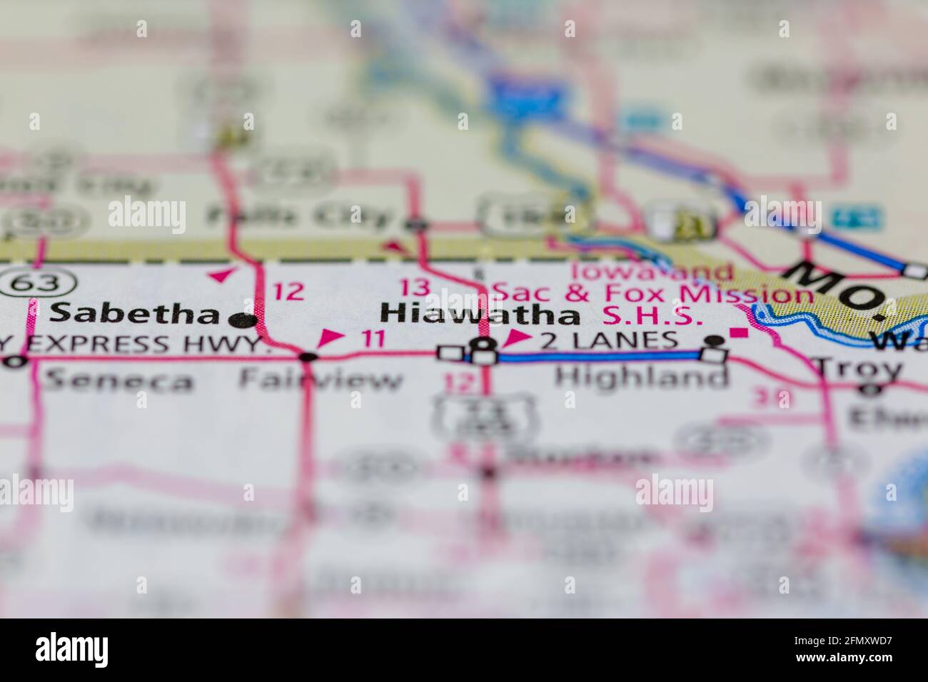 Hiawatha Kansas USA mostrato su una mappa geografica o su una strada Mappa Foto Stock