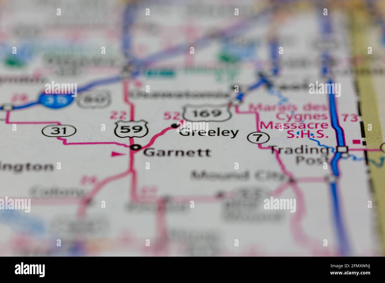 Greeley Kansas USA mostrato su una mappa geografica o su una strada Mappa Foto Stock