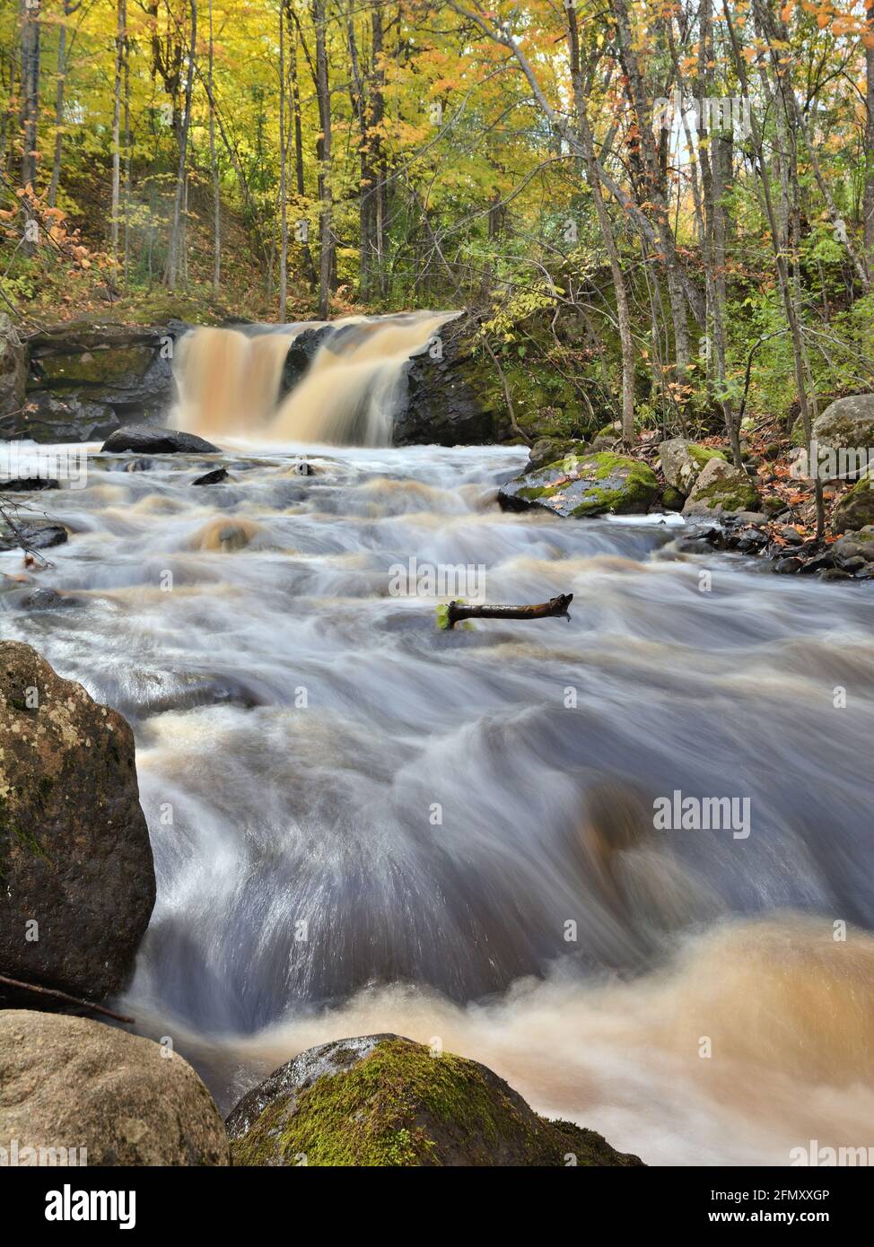 Massi ricoperti di muschio e legno tingato con cornice color autunno setoso rapide sotto una cascata Foto Stock