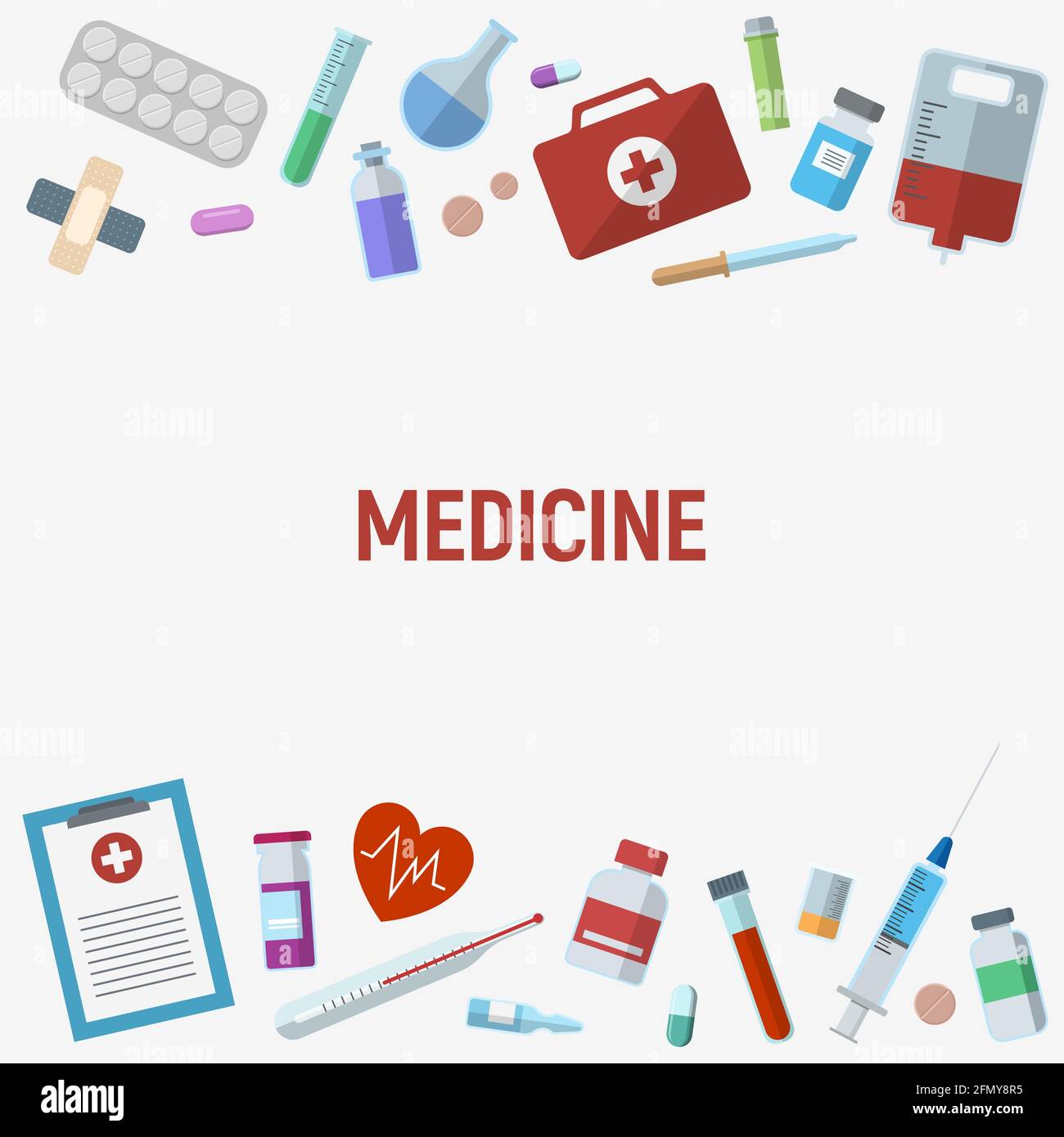 Illustrazione della medicina vettoriale. Articoli medici. Siringa, pillole, fiale, test di laboratorio, termometro e molto altro. Copertina del documento, modello di layout. Salute. Illustrazione Vettoriale