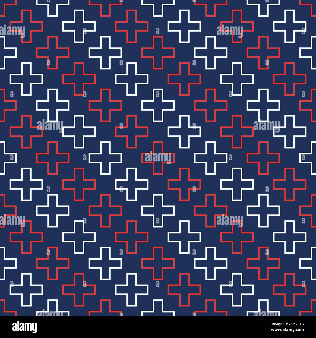 Vettore astratto modello medico senza giunture con contorni rossi e bianchi croci su sfondo blu. Croci mediche. Design piatto. Colore. Illustrazione Vettoriale