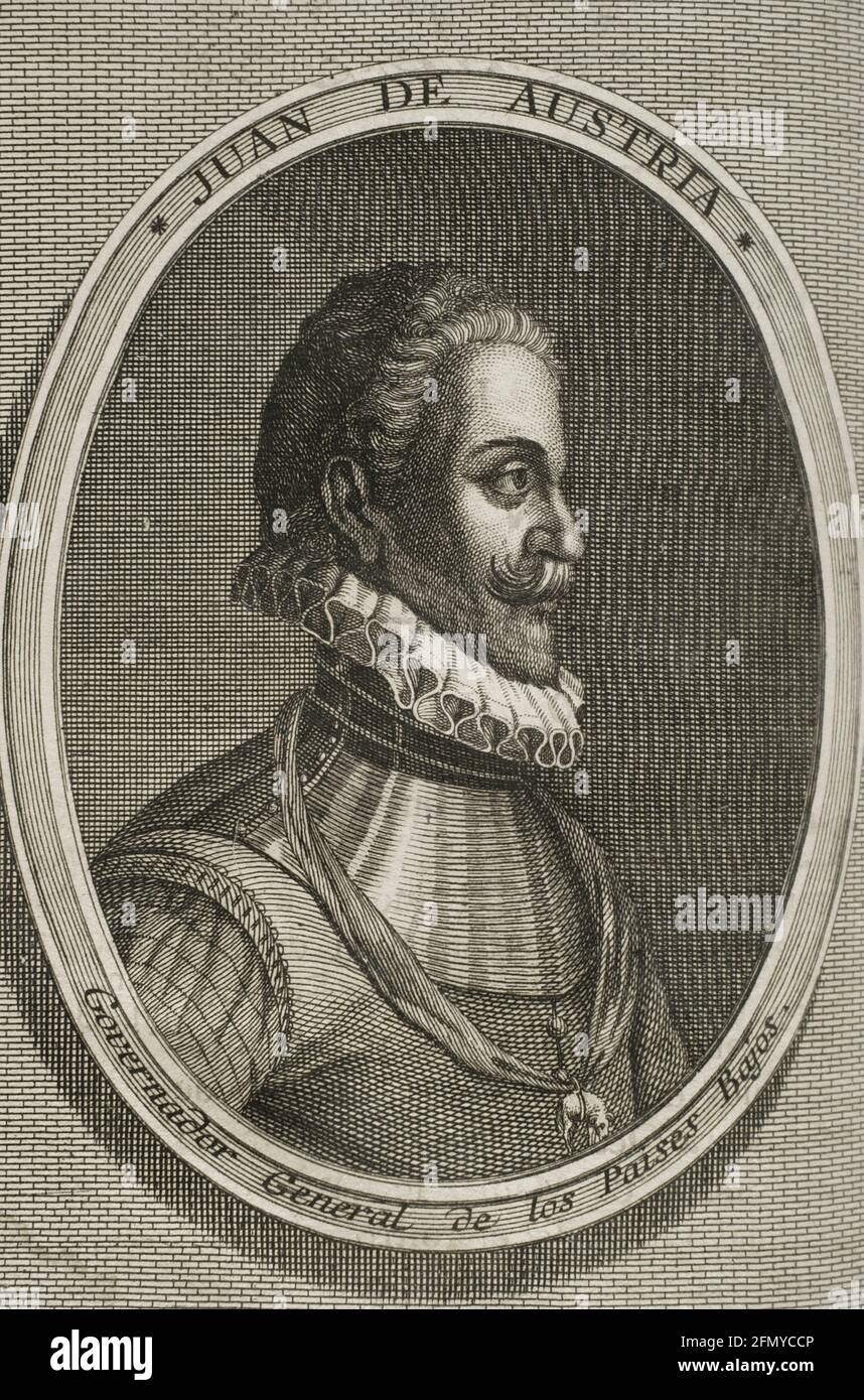 Giovanni d'Austria (1547-1578). Militare e diplomatico spagnolo. Figlio illegittimo dell'imperatore Carlo V. Governatore Generale dei Paesi Bassi. Incisione. Guerre delle Fiandre. Edizione pubblicata ad Anversa, 1748. Foto Stock
