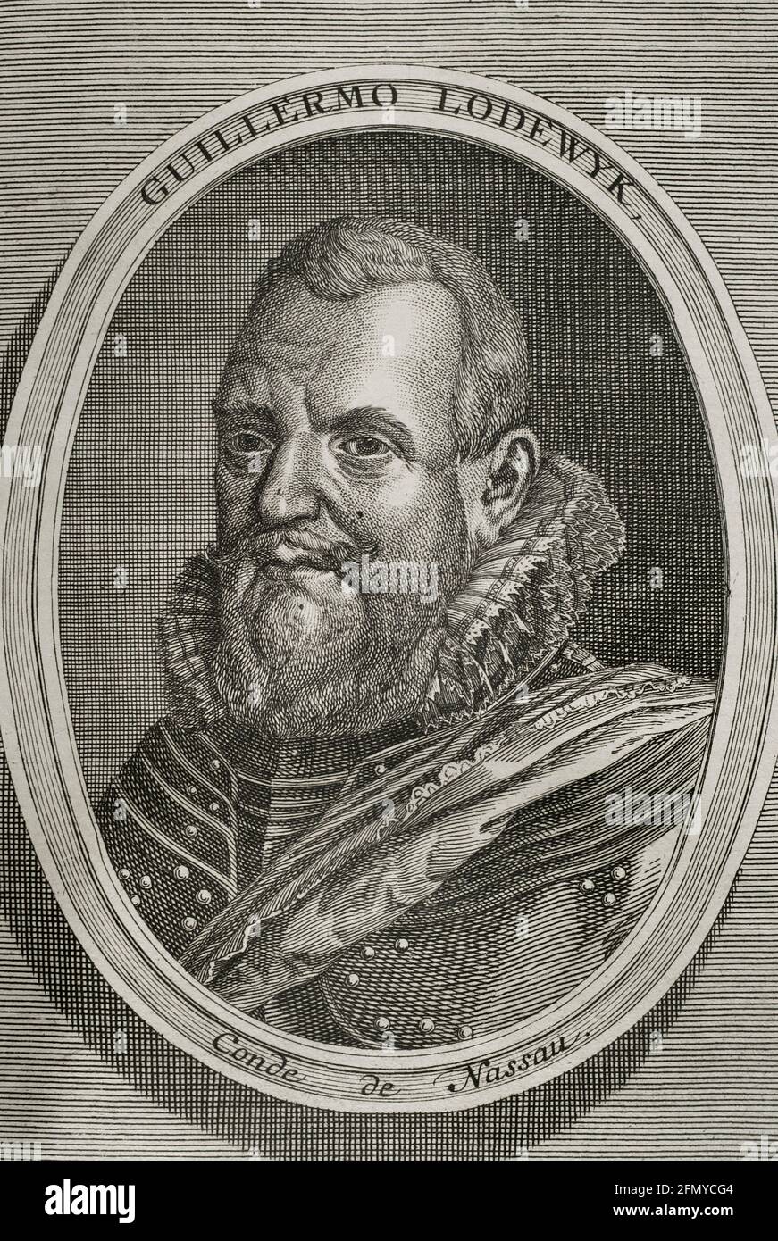 William Louis (1560-1620). Conte di Nassau-Dillenburg. Il figlio maggiore di Giovanni VI di Nassau-Dillenburg. Stadtholder di Friesland, Drenthe e Groningen. Comandò il ritratto dell'esercito degli Stati olandesi. Incisione. Guerre delle Fiandre. Edizione pubblicata ad Anversa, 1748. Foto Stock