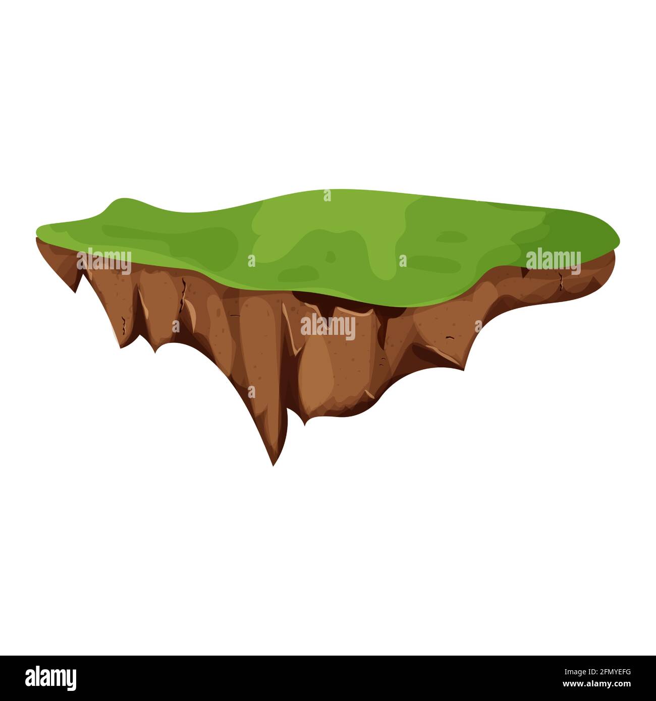 Flying Island con terreno e erba isolati su sfondo bianco, dettagliato in stile cartoon. Risorse di gioco dell'interfaccia utente, sfondo per la posizione, elemento. Fantasia Illustrazione Vettoriale