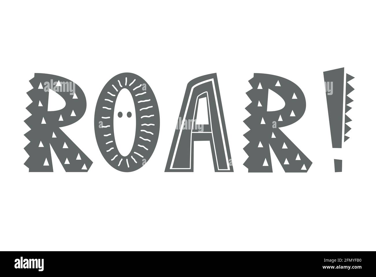 Roar - poster per vivaio con scritte disegnate a mano. Illustrazione vettoriale in bianco e nero in stile scandinavo Illustrazione Vettoriale