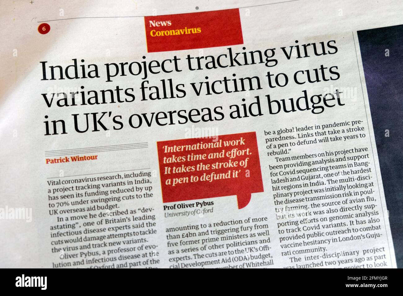 'India progetto di rilevamento varianti virus cade vittima di tagli Articolo del giornale Guardian Covid del bilancio britannico degli aiuti all'estero 30 aprile 2021 Regno Unito Foto Stock