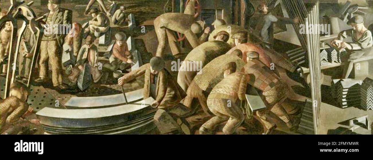 Stanley Spencer - Ship Building on the Clyde - World War Two Art - Bending the Keel Plate Foto Stock