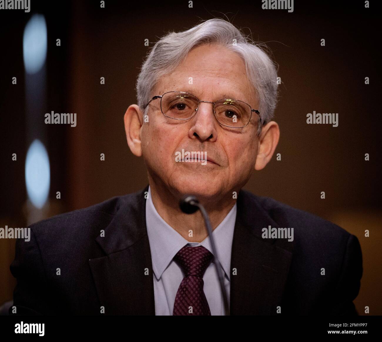 Washington, Stati Uniti. 12 maggio 2021. WASHINGTON, DC - MAGGIO 12: Il procuratore generale Merrick Garland testimonia prima dell'audizione della commissione per gli Stanziamenti del Senato per esaminare l'estremismo violento domestico, a Washington, DC. (Foto di Bill o'Leary/Pool/Sipa USA) Credit: Sipa USA/Alamy Live News Foto Stock