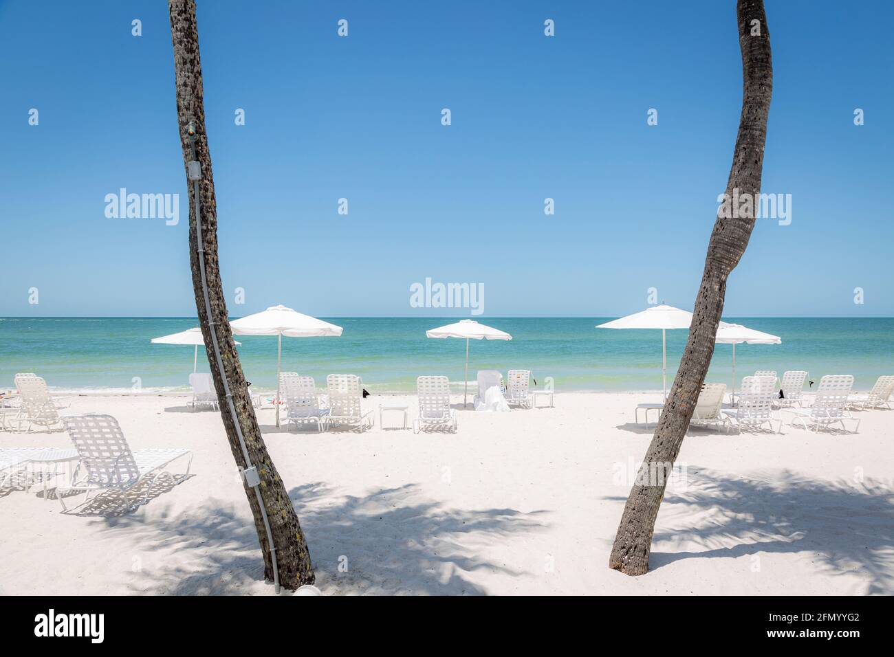 Sedie a sdraio e ombrelloni con vista sul Golfo del Messico a Napoli, Florida, USA Foto Stock