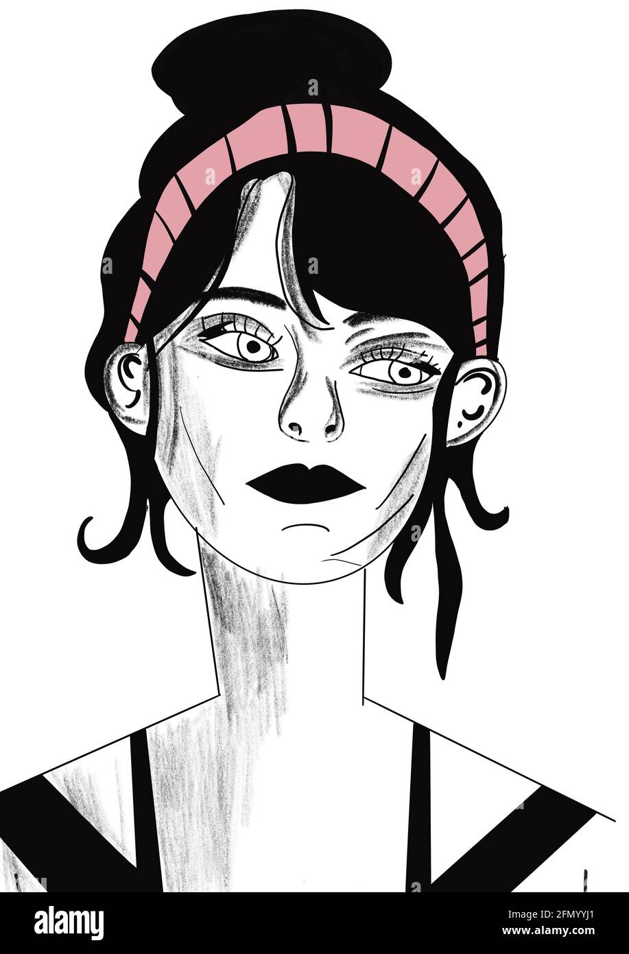 Illustrazione digitale del volto di una donna rilassata, per storie, stile pop art Foto Stock