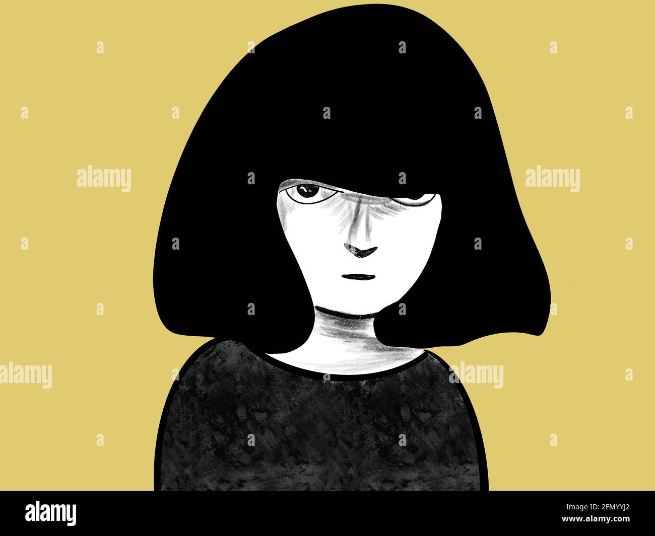 Illustrazione digitale del volto di una donna rilassata, per storie, stile pop art Foto Stock