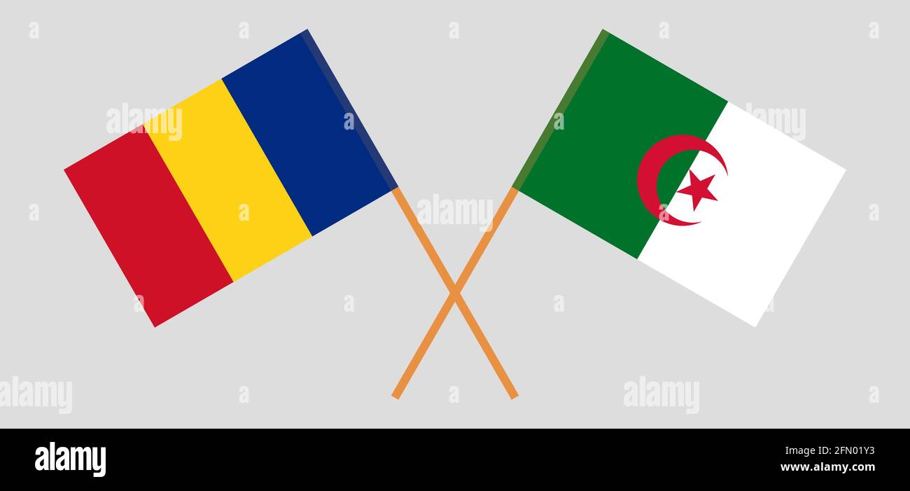 Bandiere incrociate di Algeria e Romania. Colori ufficiali. Proporzione corretta. Illustrazione vettoriale Illustrazione Vettoriale
