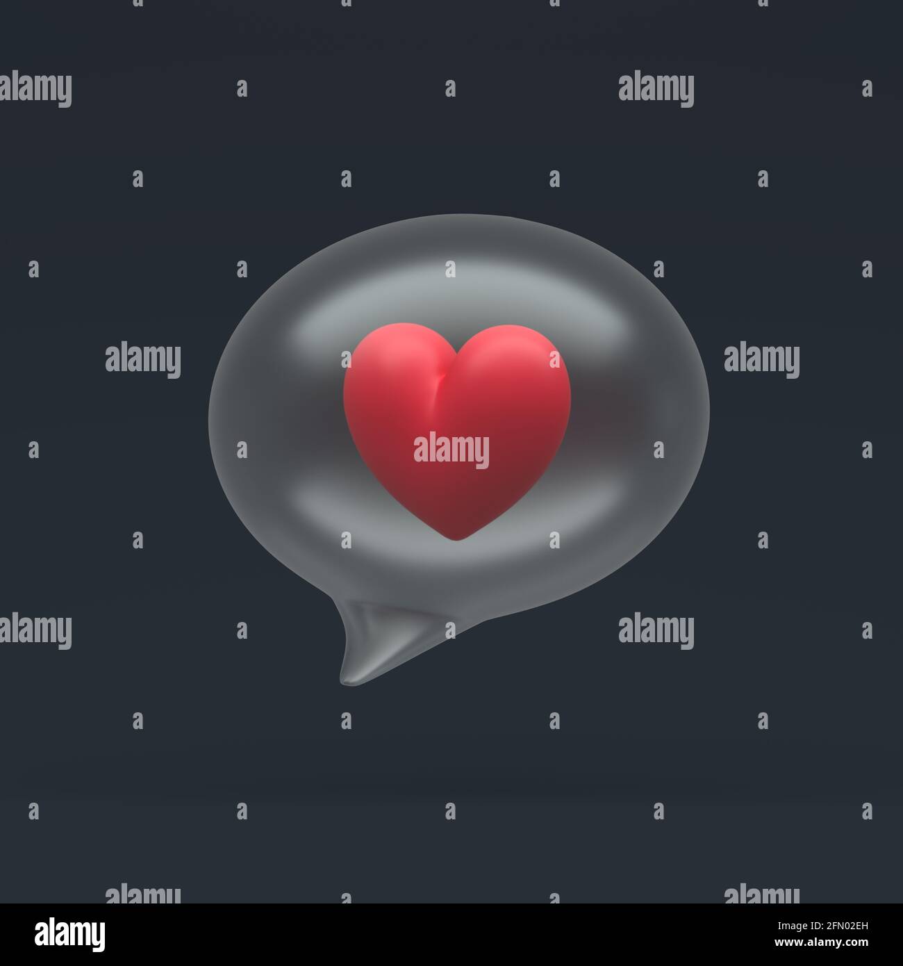 cuore semplice in 3d in una bolla di messaggi trasparente su sfondo pastello scuro. Rendering 3d realistico di alta qualità Foto Stock