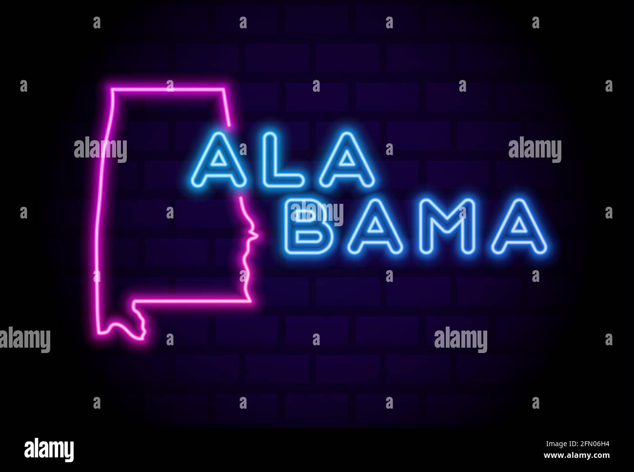 alabama Stati Uniti lampada al neon incandescente segno realistico vettore illustrazione Parete blu mattone bagliore Illustrazione Vettoriale