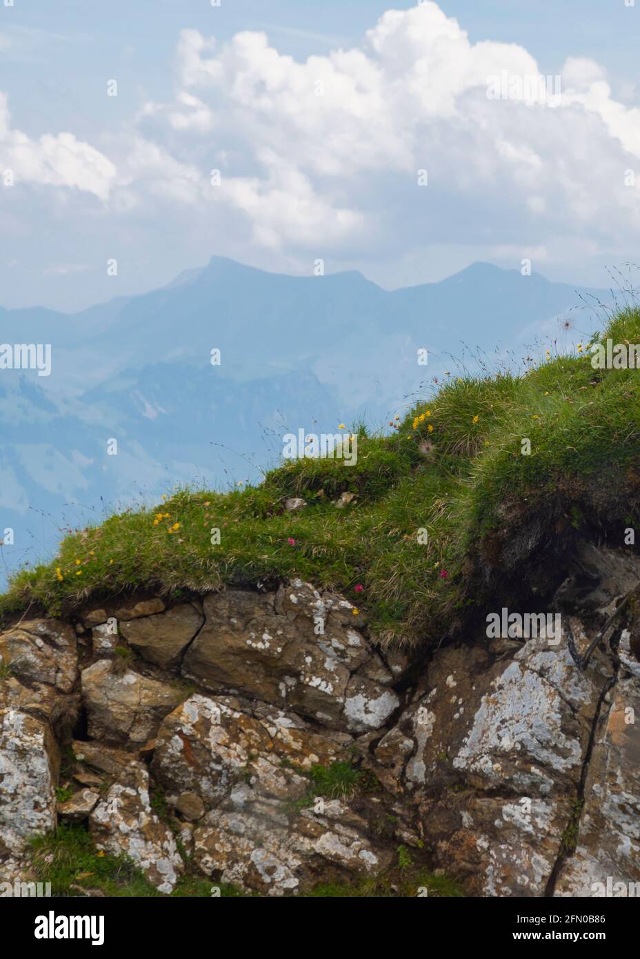 Un cielo blu con clauds e terra erbosa sul bordo della montagna. Con gli strati rocciosi lo sfondo Mountains.Switzerland, Germania, Austria Foto Stock