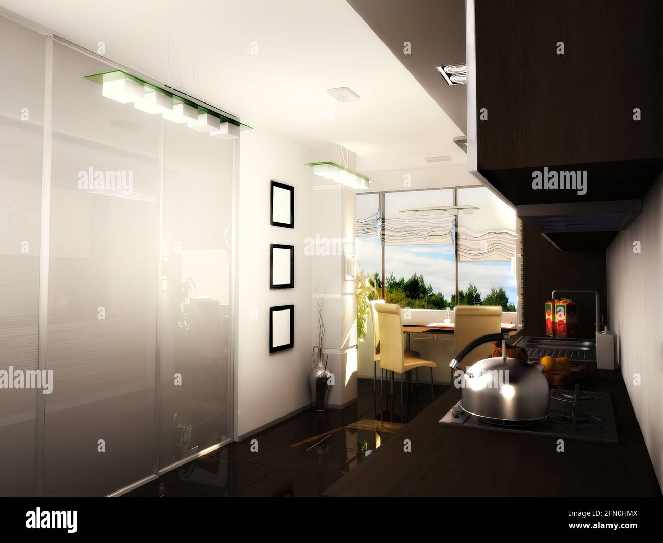 illustrazione 3d di una cucina moderna in un appartamento. Cucina con armadi scuri sotto e armadi chiari in cima. Foto Stock