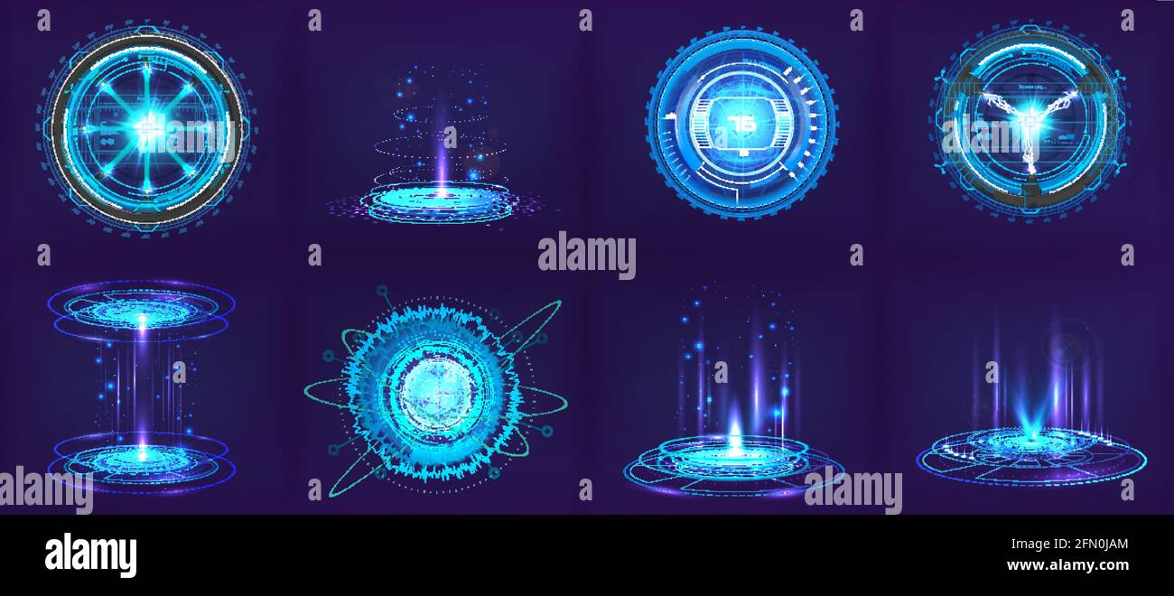 Dispositivi e gadget futuristici sci-fi in stile HUD. Cerchio elementi 3D digitali per interfaccia utente, GUI, VR e altro. Elementi astratti hi-tech - sfere Illustrazione Vettoriale