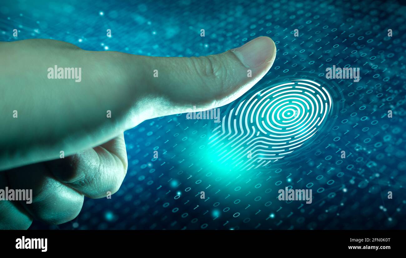 Uomo d'affari che utilizza la scansione delle impronte digitali. La scansione delle impronte digitali consente l'accesso con l'identificazione biometrica sulla convergenza digitale. Tecnologia, sicurezza. Foto Stock