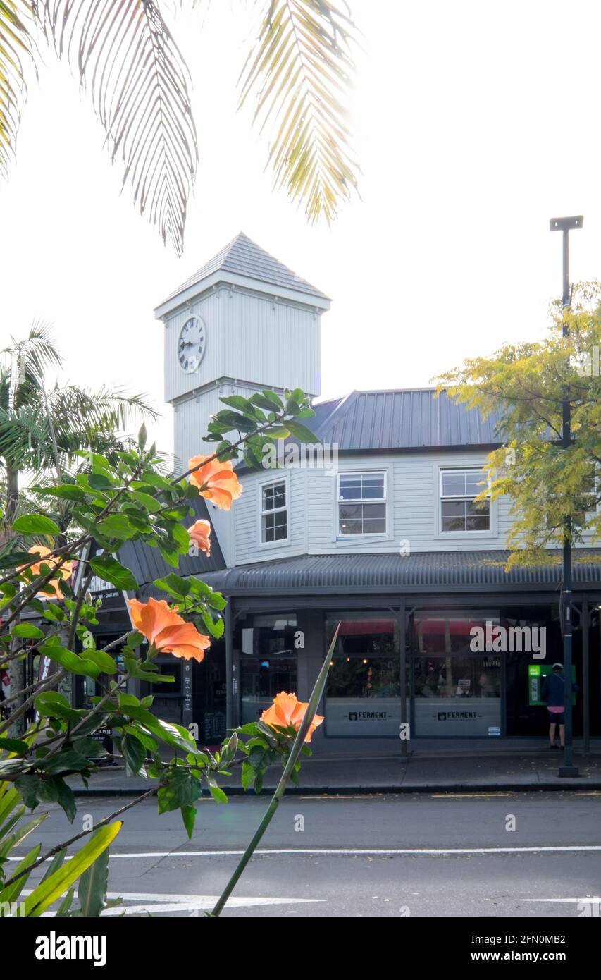 Kerikeri, Nuova Zelanda, Nuova Zelanda - 12 maggio 2021: Torre dell'Orologio e negozi al dettaglio nella strada principale con fiori di ibisco e fronde di palme Foto Stock