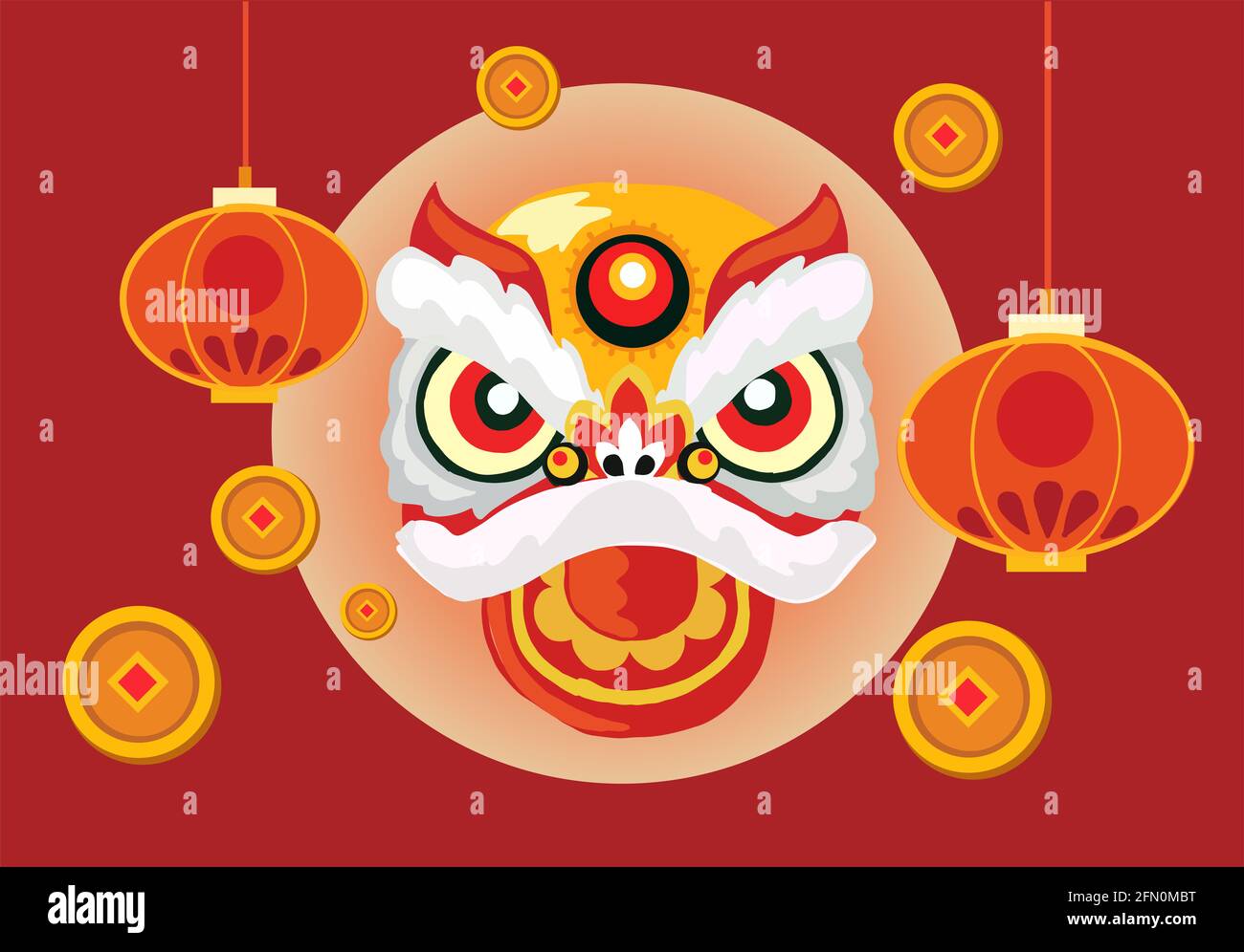 leone dance, vietnamita metà autunno, lanterne rosse, monete fortunate Foto Stock