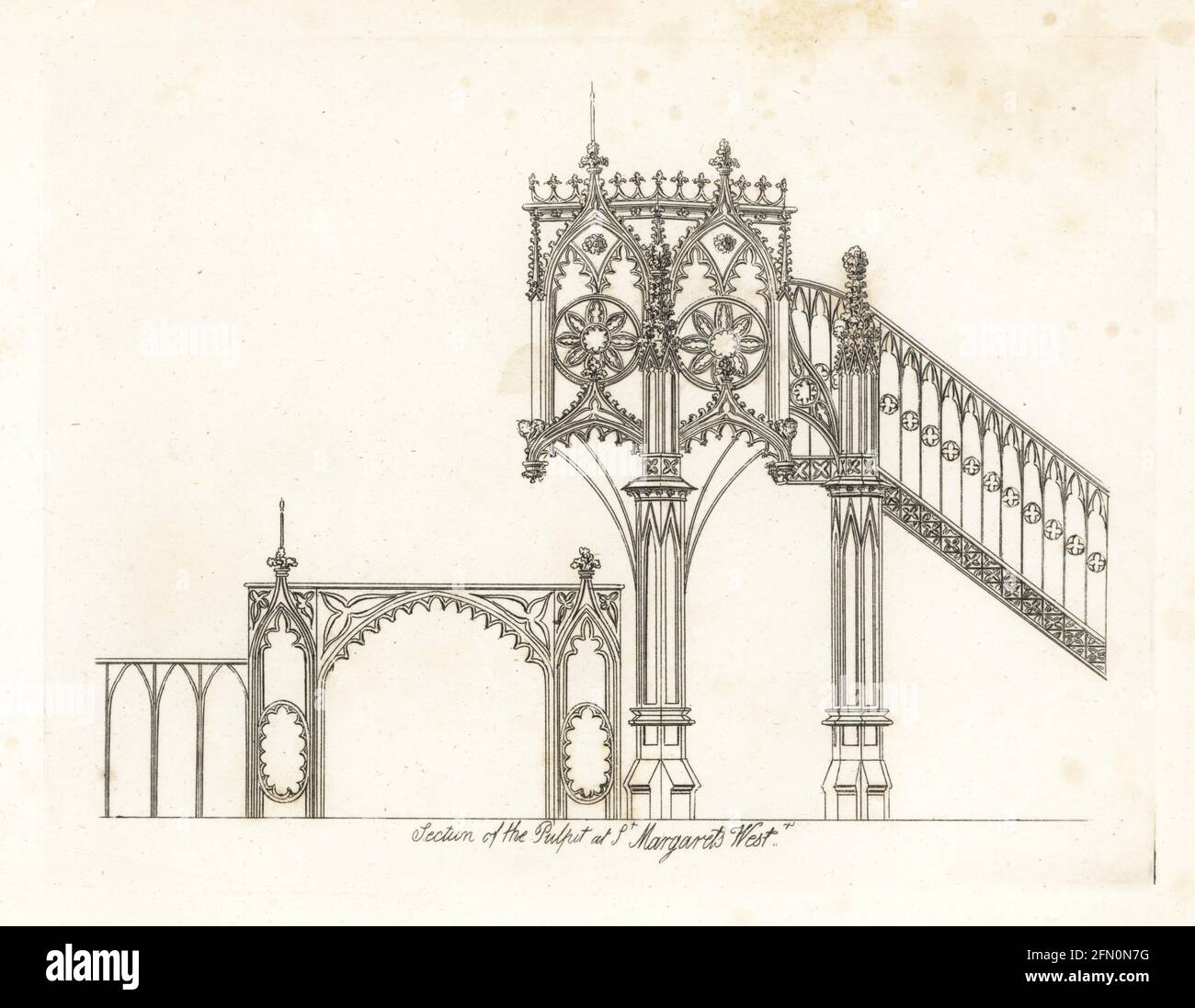 Sezione del pulpito a St. Margaret's, Abbazia di Westminster. Copperplate disegnato e inciso da James Peller Malcolm dai suoi aneddoti dei manieri e delle dogane di Londra durante il 18 ° secolo, Longman, Hurst, Londra, 1808. Malcolm (1767-1815) è stato un topografo e incisore americano-inglese, membro della Società degli Antiquari. Foto Stock