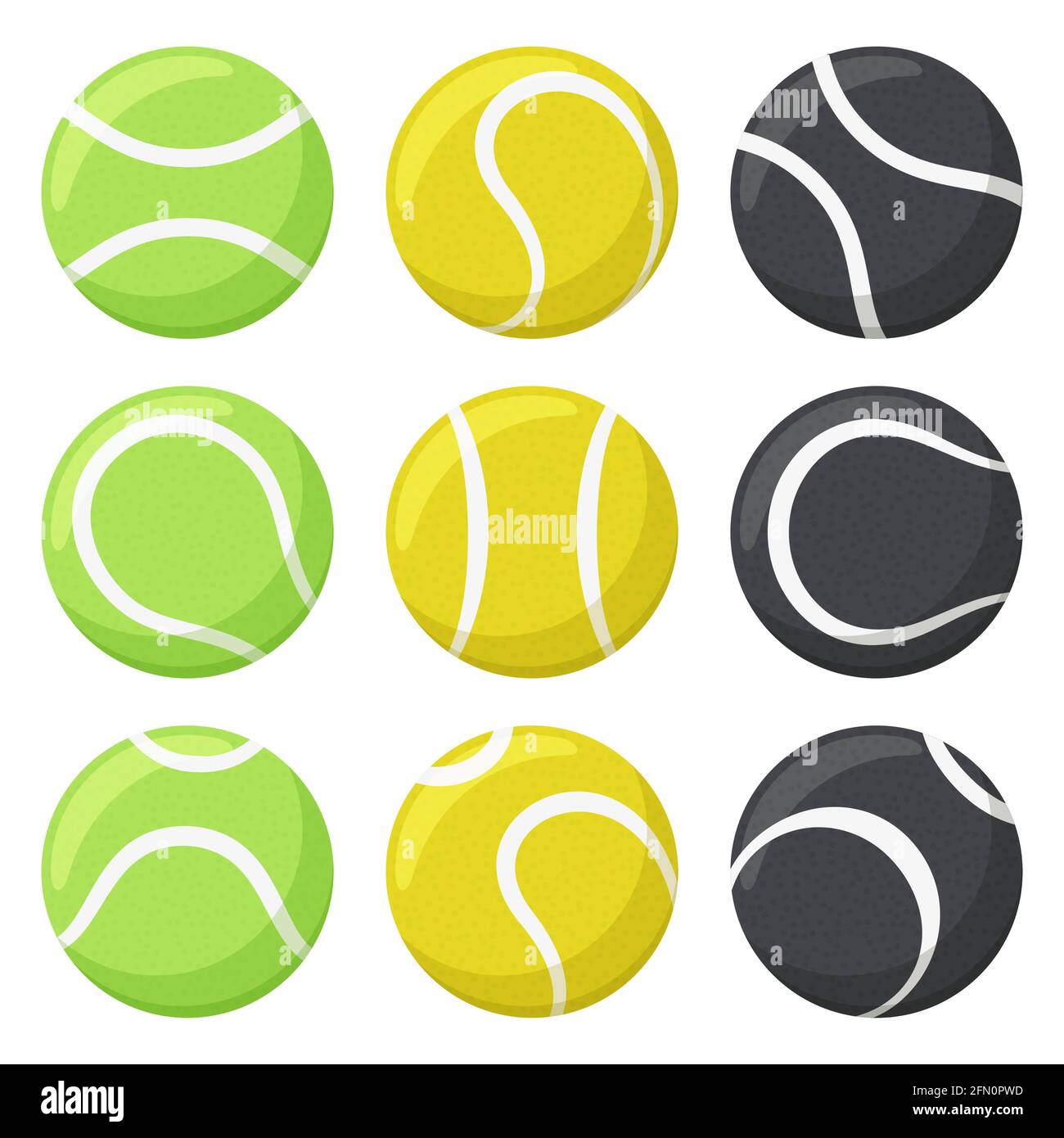 Palle da tennis. Sport, attrezzature per il fitness, palle da tennis nere, gialle e verdi in varie angolazioni, set di illustrazioni vettoriali. Palle da gioco di tennis Illustrazione Vettoriale