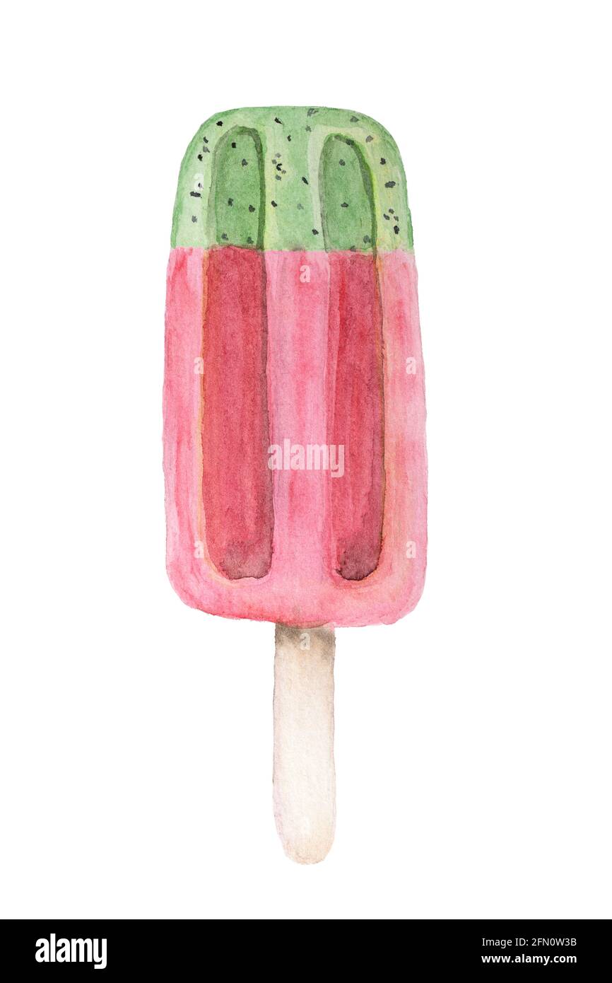 Acquerello disegno a mano di gelato di frutta su bastone isolato su sfondo bianco. Dessert estivo freddo con cocomero. Foto Stock