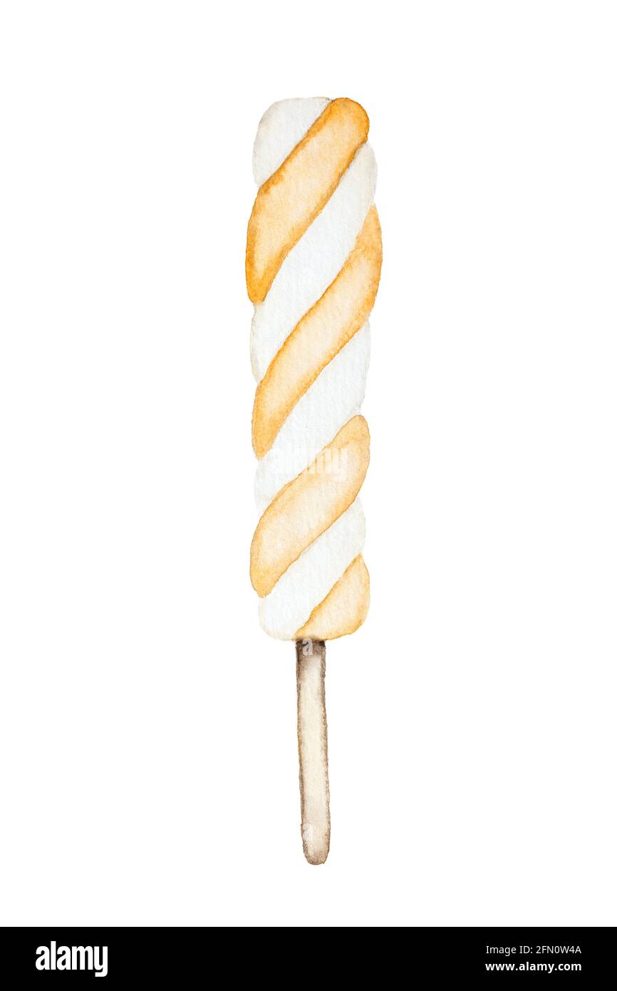 Pittura ad acquerello di giallo-e-bianco popsicle su bastone isolato su sfondo bianco. Frutta ghiaccio illustrazione disegnata a mano. Foto Stock