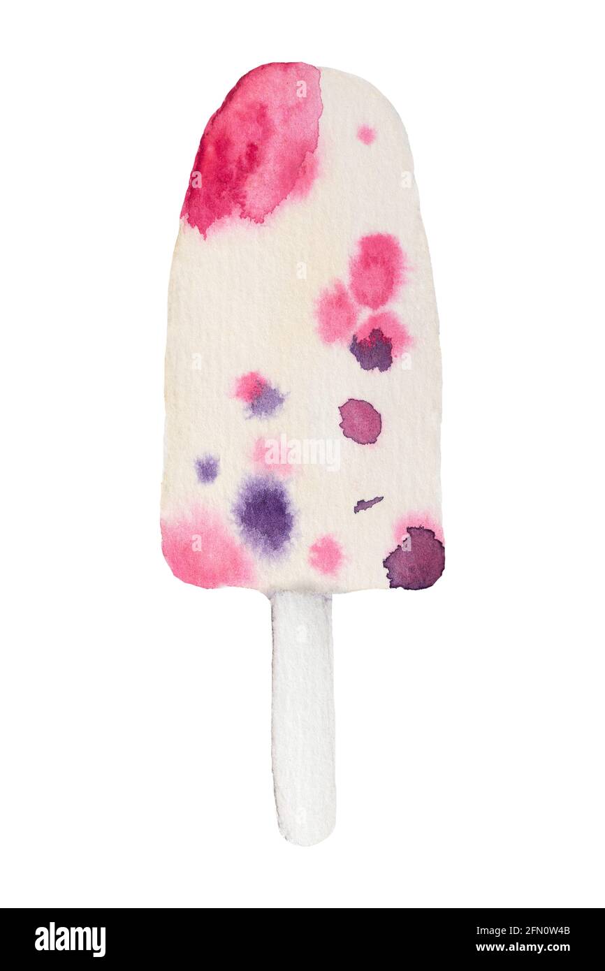 Latte gelato alla frutta su bastone isolato su sfondo bianco. Gelato artigianale all'acquerello con frutti di bosco. Foto Stock