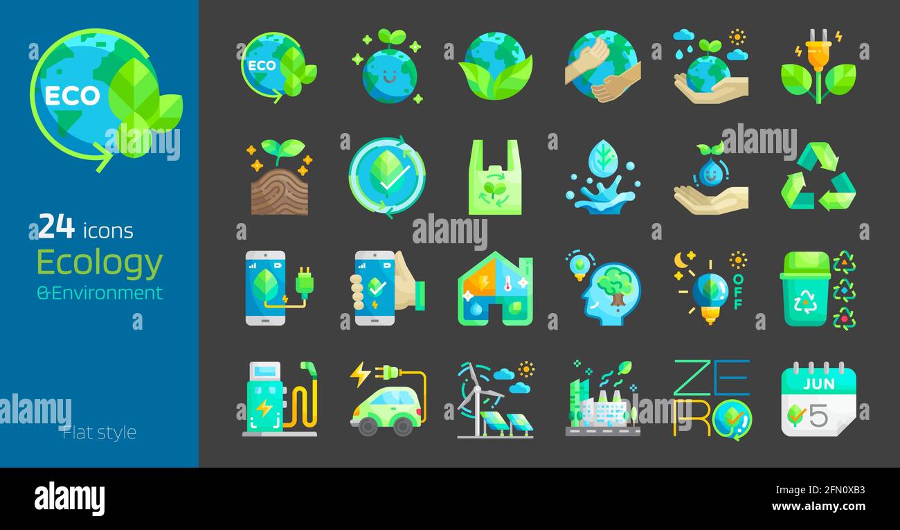 Set di icone ecologiche di stile piatto. Terra sicura, acqua, energia, concetto rinnovabile ambiente giorno e terra giorno. Disegno eco-compatibile illustrazione vettoriale. Illustrazione Vettoriale