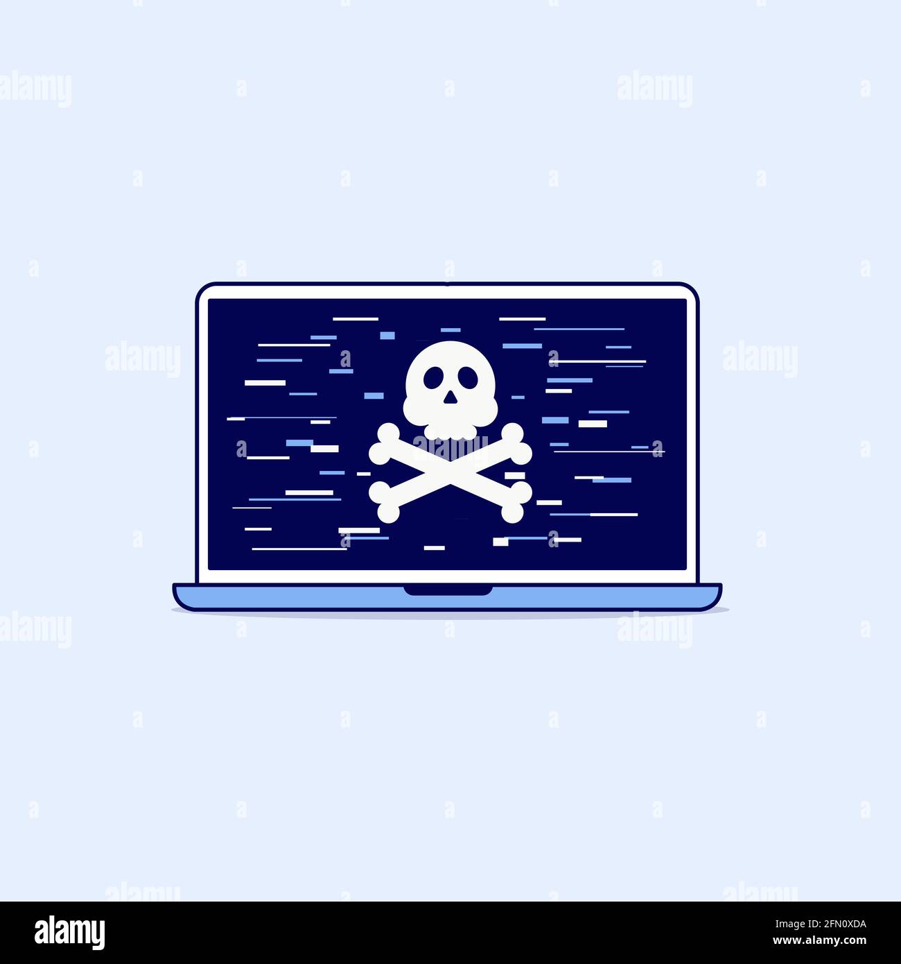 Computer portatile con cranio sullo schermo, icona a forma di linea. Illustrazione Vettoriale