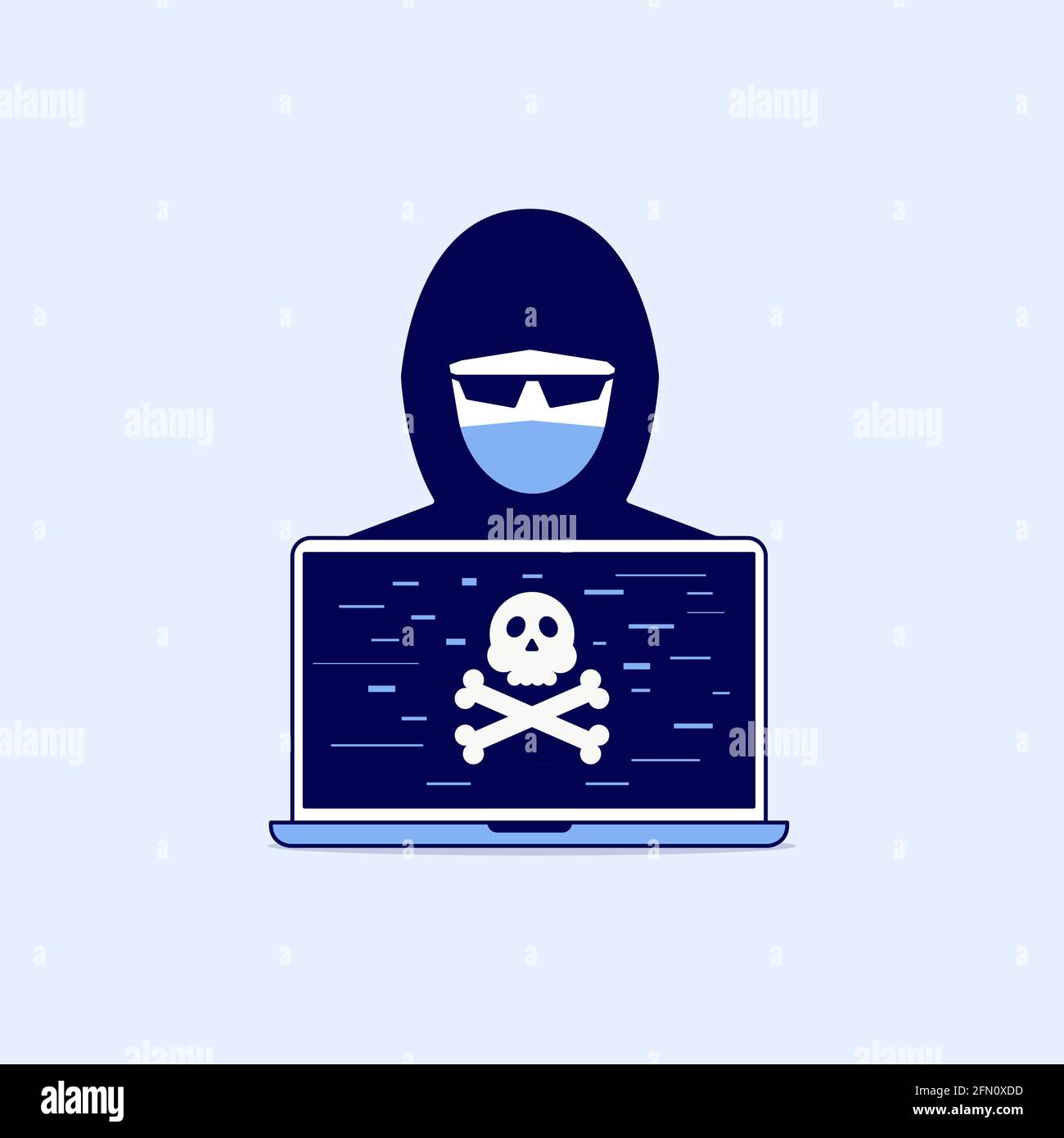 Schermata hacker e cranio sul design delle icone della linea del computer. Illustrazione Vettoriale