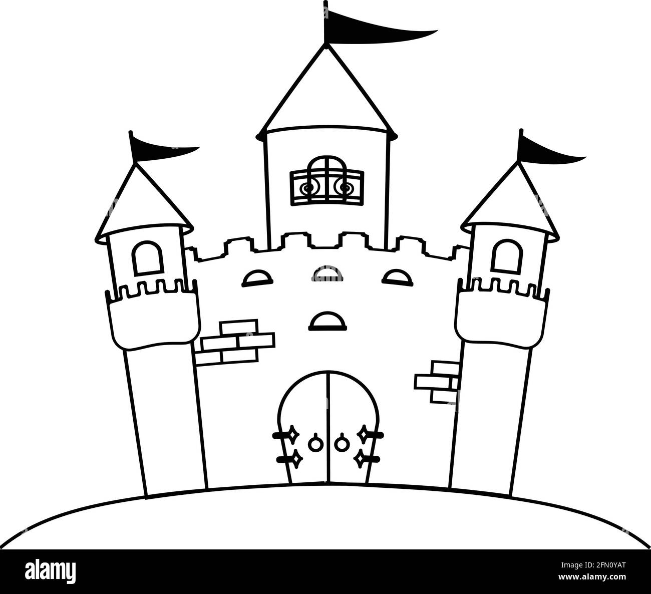 Pagina da colorare per il libro. Castello da favola. Foglio di lavoro attività per bambini. Giochi d'arte per bambini. Illustrazione vettoriale. Illustrazione Vettoriale