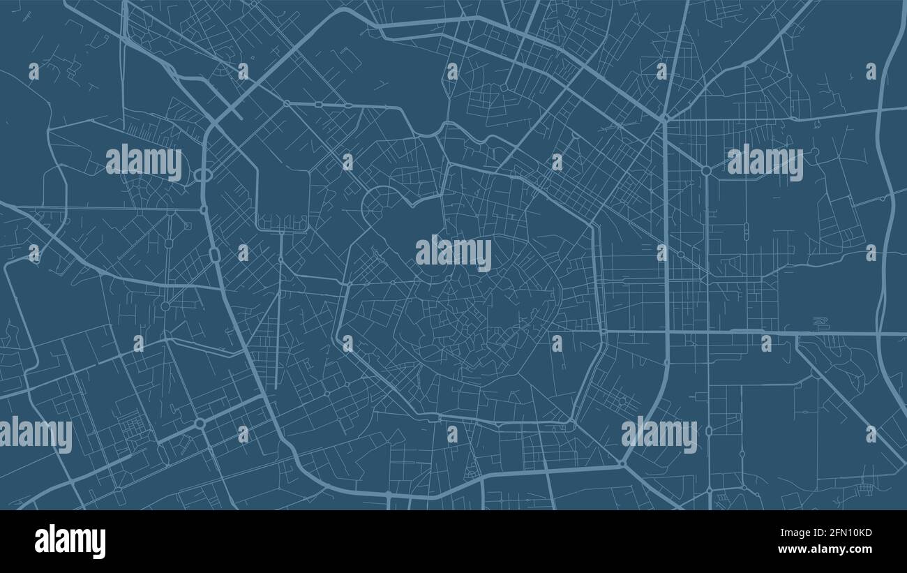 Mappa vettoriale della città di Milano blu, strade e cartografia dell'acqua. Formato widescreen, formato digitale piatto. Illustrazione Vettoriale