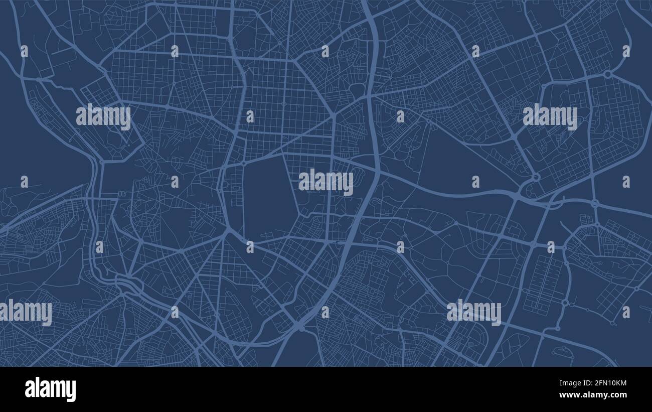 Mappa vettoriale dell'area della città di Madrid blu, strade e cartografia dell'acqua. Formato widescreen, formato digitale piatto. Illustrazione Vettoriale