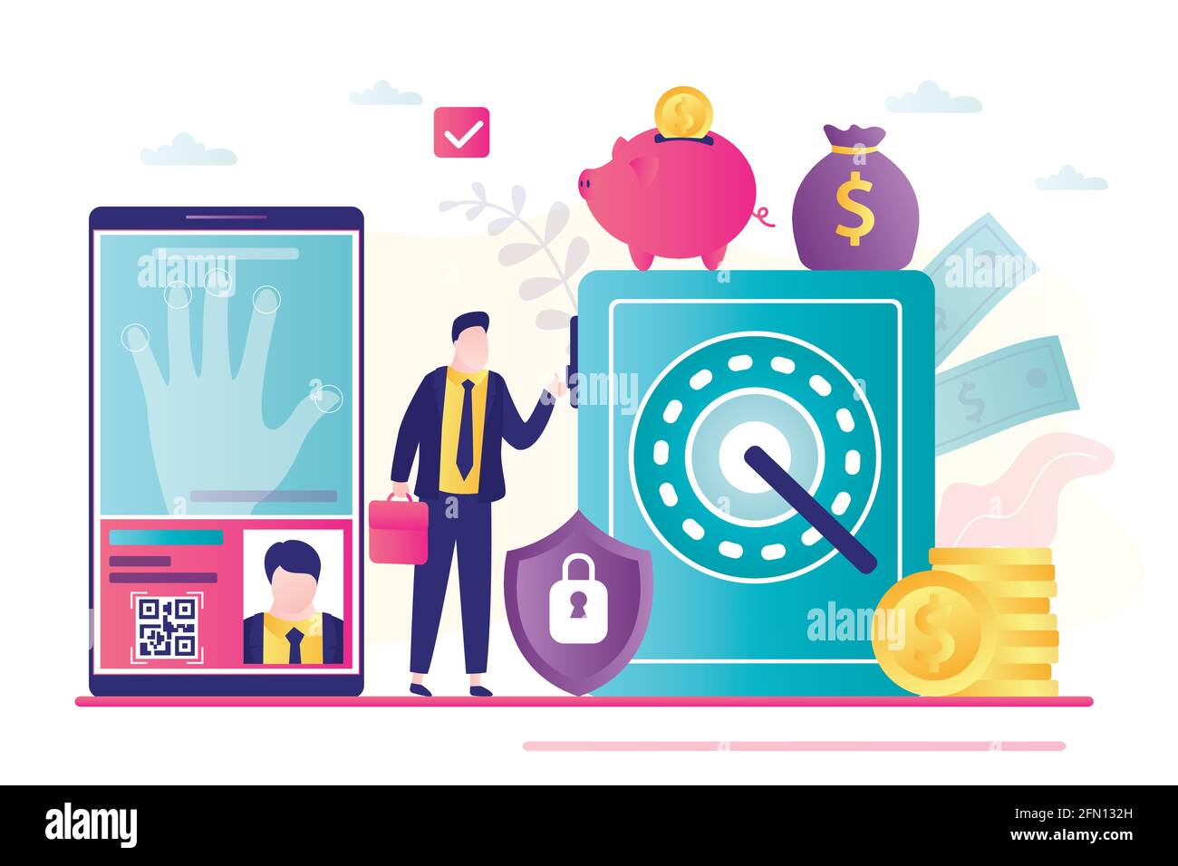 Protezione affidabile delle finanze. Identificazione delle impronte digitali. Acciaio sicuro, uomo d'affari con soldi. Applicazione per smartphone per il controllo della sicurezza. Strongbo Illustrazione Vettoriale