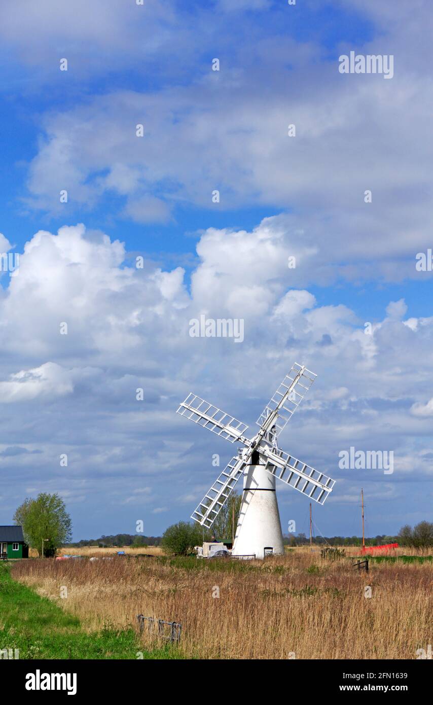 Una vista del simbolo e restaurato Thurne Dyke Drainage Mill sul Norfolk Broads a Thurne, Norfolk, Inghilterra, Regno Unito. Foto Stock